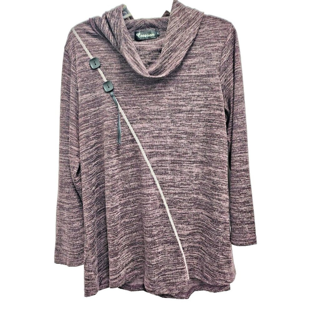 Creation Womens Lagenlook Tunic Top Large‎ Purple Heather Angled Hem Cowl Neck
